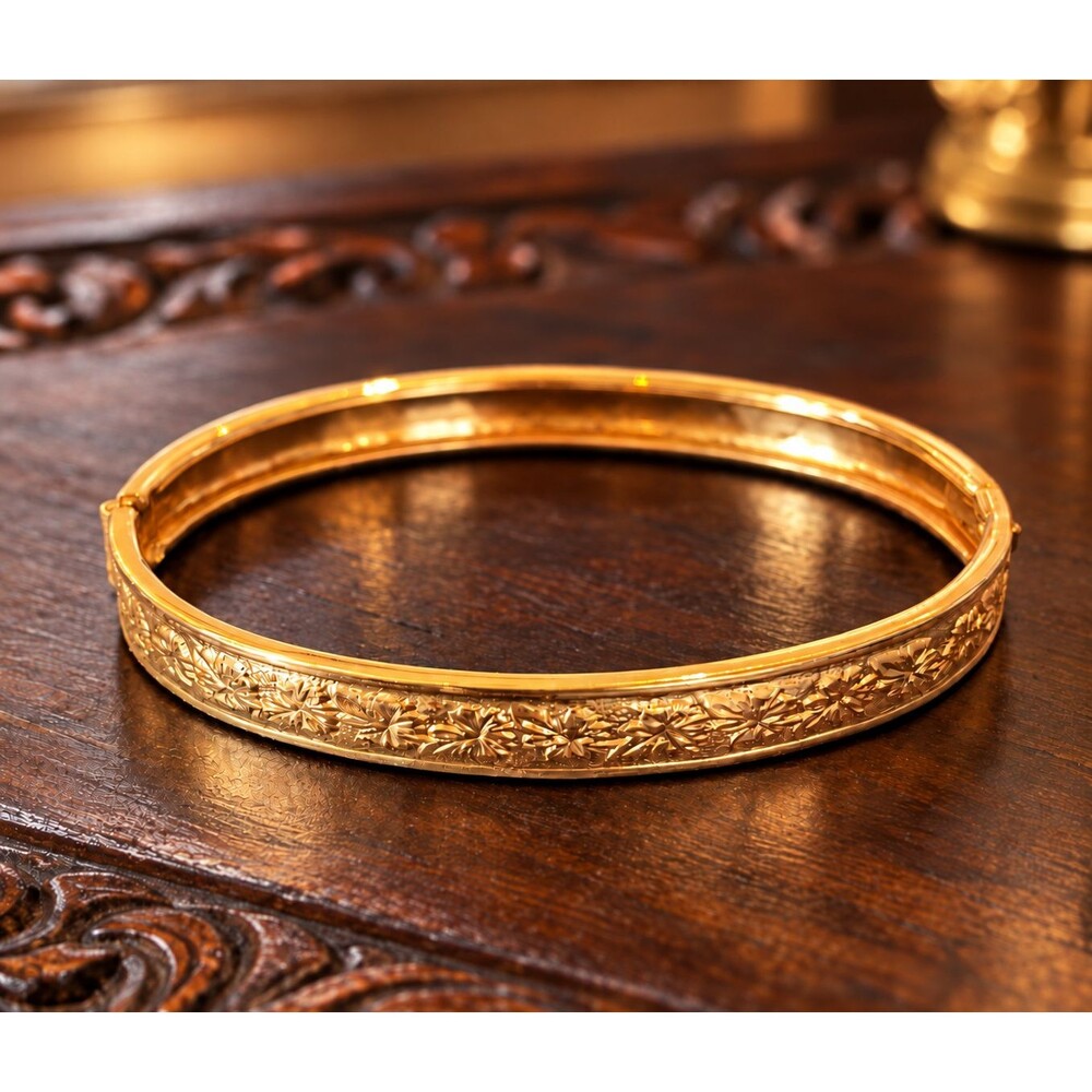 Vintage 1950s Gold Filled Bracelet Fine Floral Engraved Hinged Bangle - 15H